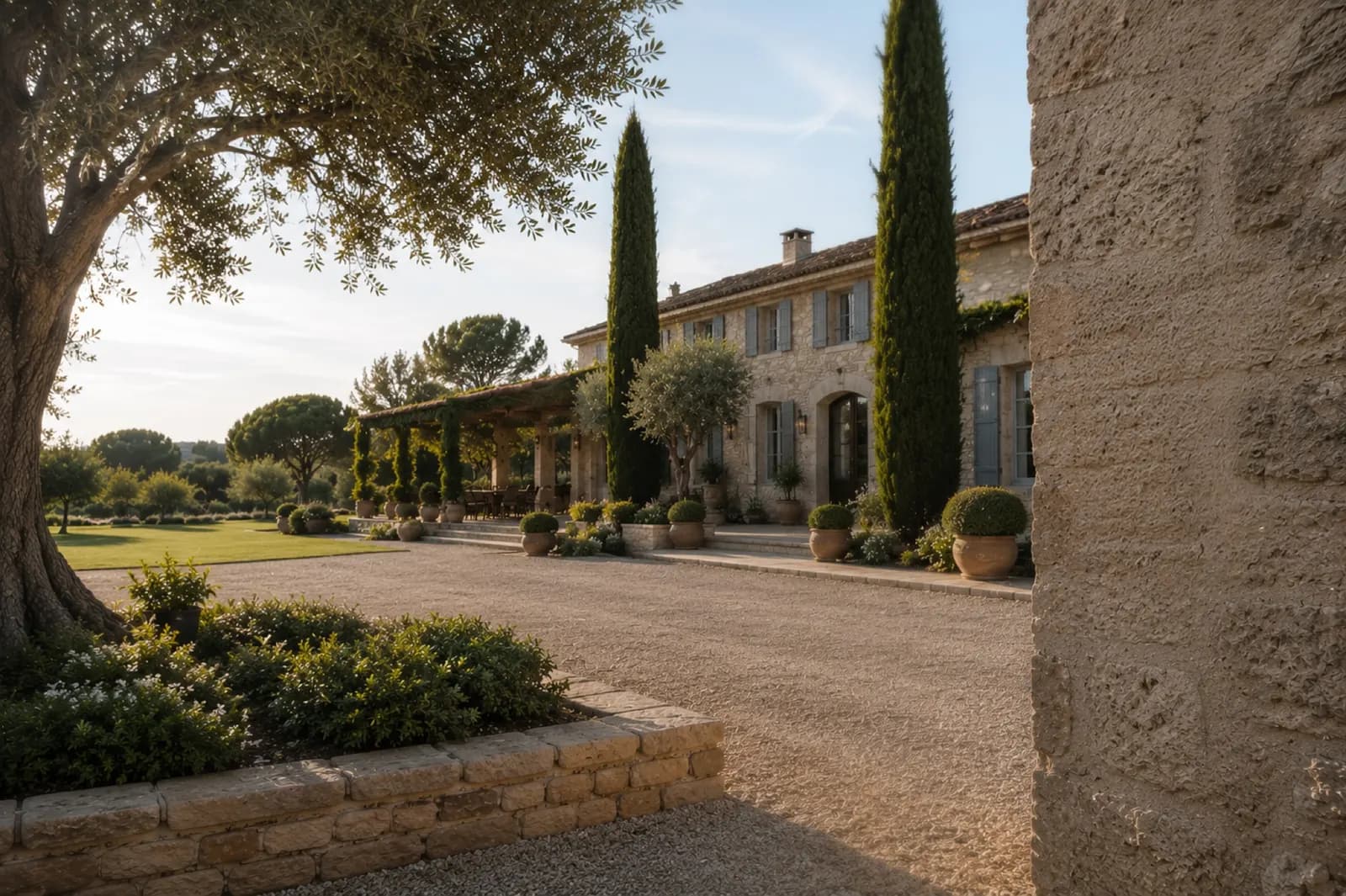 Hôtel particulier en pierre dans le sud de la France, cyprès et oliviers en pots