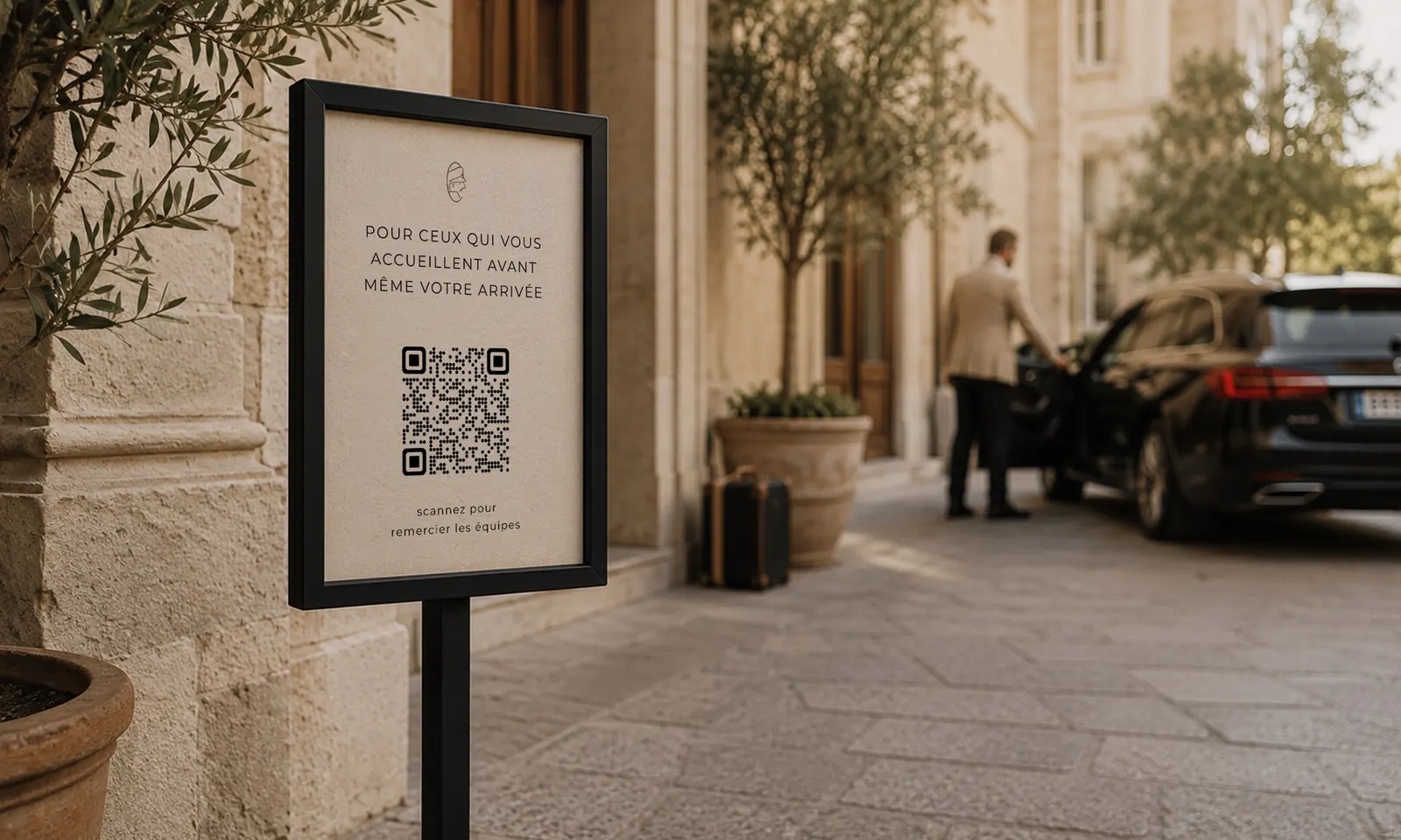 Panneau extérieur CaptainTips avec QR code à l’entrée de l’hôtel, voiturier en arrière-plan