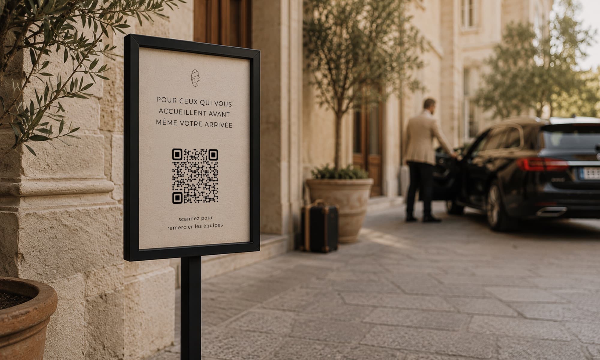 Panneau extérieur CaptainTips avec QR code à l'entrée de l'hôtel, voiturier en arrière-plan